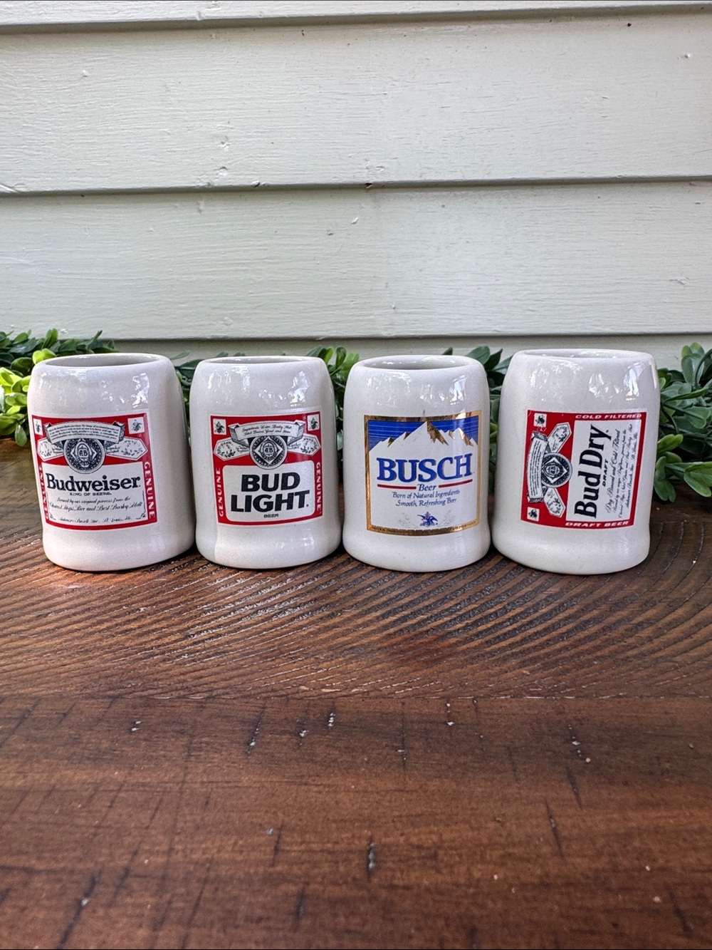 Ceramic Beer Mug Shot Glass Set - Budweiser, Bud Light, Busch, Bud Dry - White